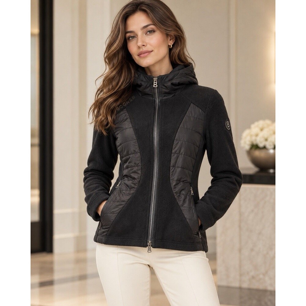 Bogner Sport Gracy Hybrid Hooded Jacket Womens 6 Black Fleece Quilted Full Zip